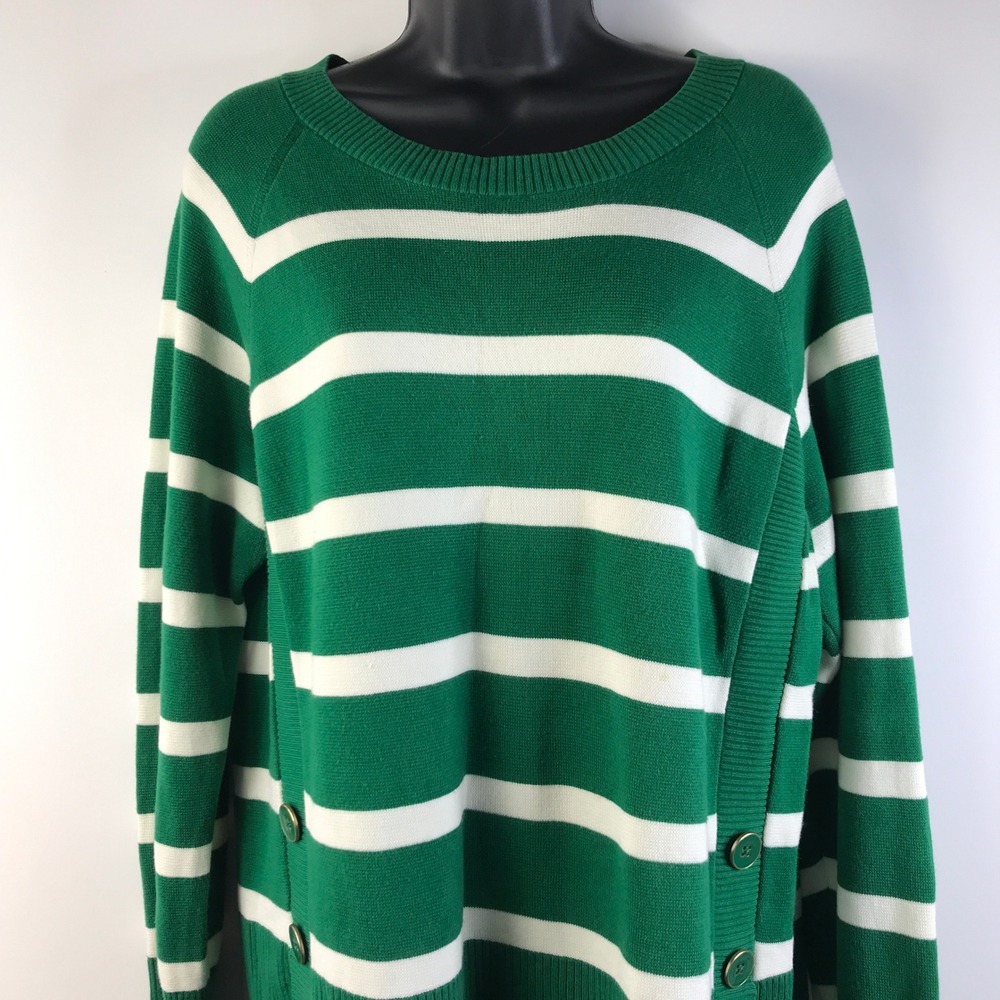 Talbots Green White Striped Side Button Cotton Blend Sweater Womens Large Preppy - Picture 11 of 16